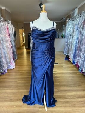 Navy Evening Gown with Rhinestone Bodice